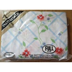 Vintage Muslin Full Flat Sheet White Blue Lattice Floral Tastemaker No Iron